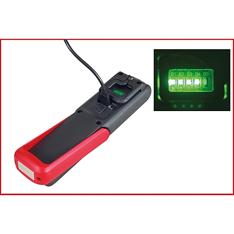 Rood-zwart meetapparaat met ingevoegde kabel, groen verlicht display.